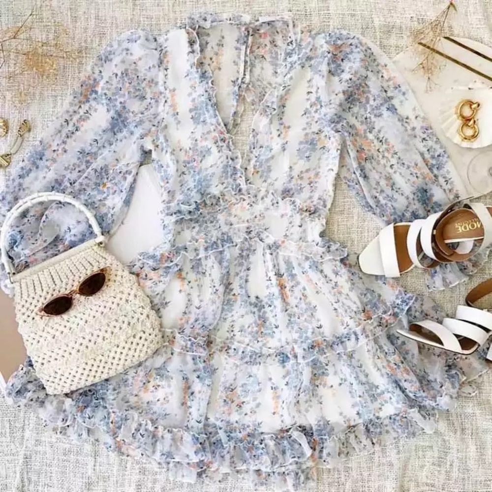 Floral Ruffle Chiffon Long Sleeve Open Back Dress - Picture 2 of 8